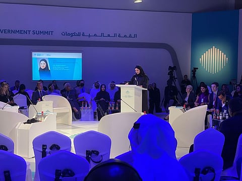Sarah Al Amiri, Minister of State for Public Education and Advanced Technology, Chairperson of the UAE Space Agency, addressing a session on 'Space and planet: Race to save Earth' at the World Government Summit in Dubai on Monday.