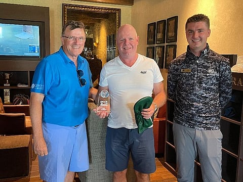 James McGowan (Centre), winner of The Els Club Race to Georgia qualifier, with Keith Watson (left), REZA Hygiene and Conor Rogers