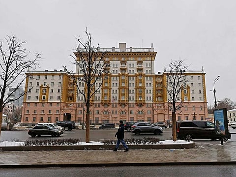 Vehicles drive past the US Embassy in Moscow, Russia February 13, 2023.