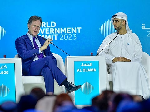 Meta President Nick Clegg with Omar Sultan Al Olama, Minister of State for Artificial Intelligence, Remote Work and Digital Applications on the second day of the World Government Summit in Dubai.