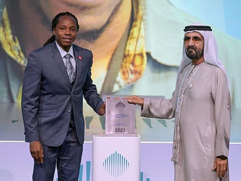 His Highness Sheikh Mohammed bin Rashid Al Maktoum (right), Vice President and Prime Minister of the UAE and Ruler of Dubai with Dr David Moinina Sengeh, Minister of Education, Basic and Senior Secondary Education, Republic of Sierra Leone
