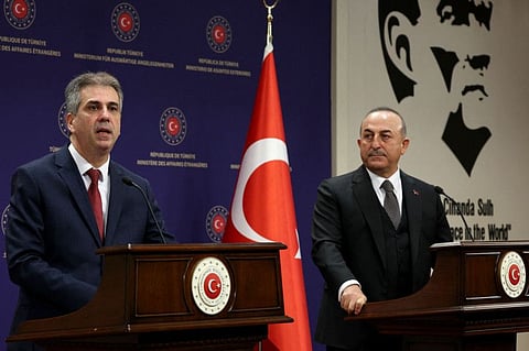 Turkish Foreign Minister Mevlut Cavusoglu (right) and his Israeli counterpart Eli Cohen address a joint press conference at the Turkish Ministry of Foreign Affairs in Ankara on February 14, 2023.