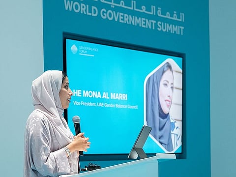 Mona Al Marri addresses the gathering at WGS 2023 in Dubai on Tuesday