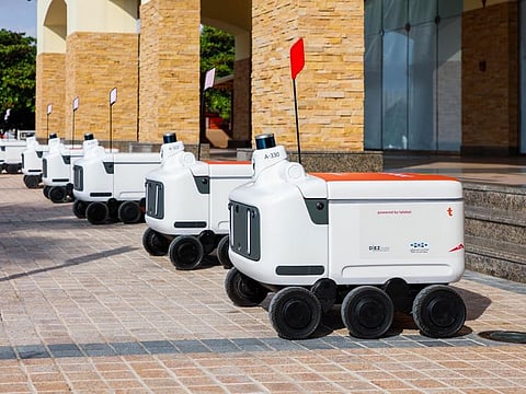 Food delivery robots 'talabots' are ready to deliver food at shopping mall in Dubai Silicon Oasis
