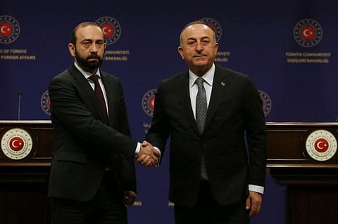 Turkish Foreign Minister Mevlut Cavusoglu during his meeting with his Armenian counterpart Ararat Mirzoyan in Ankara on February 15, 2023.