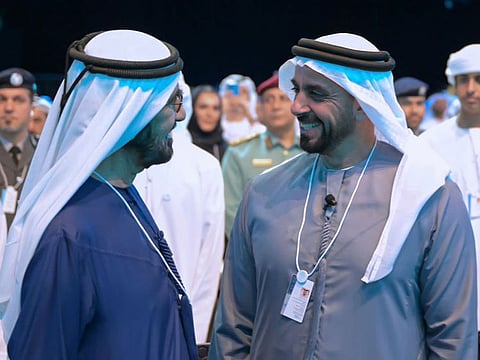 His Highness Sheikh Mohammed bin Rashid Al Maktoum (left), Vice President and Prime Minister of the UAE and Ruler of Dubai with Lieutenant General Sheikh Saif bin Zayed Al Nahyan, Deputy Prime Minister and Minister of Interior, whose session brought the Summit to a close on Wednesday