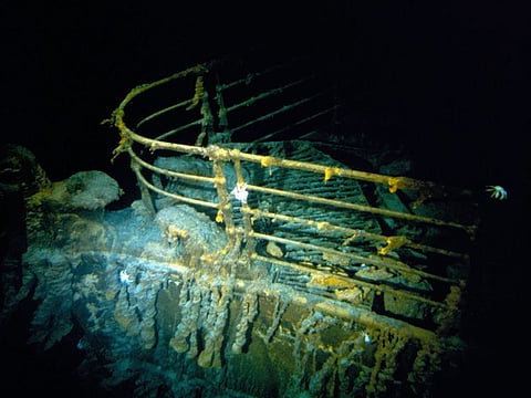 Image shows the bow of the Titanic 12,500 feet (3.8 kilometers) below the surface of the ocean.