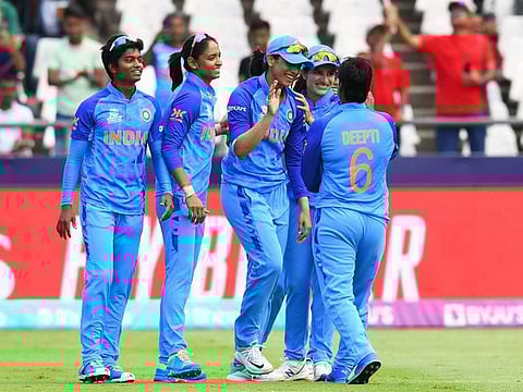 India's Deepti Sharma celebrates the dismissal of West Indies' Shemaine Campbelle during women's World Cup match at Newlands Stadium in Cape Town on Wednesday.