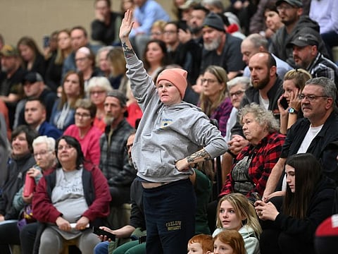 Members of the community gather to discuss their safety and other environmental concerns at a town hall meeting following a train derailment that spilled toxic chemicals, in East Palestine, Ohio, U.S., February 15, 2023.