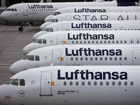 Planes of German airline Lufthansa are parked during a strike at Frankfurt Airport on February 17, 2023.