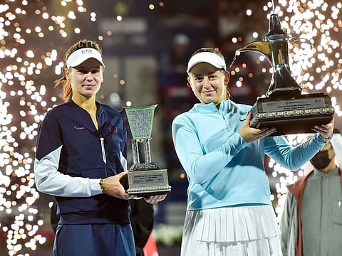 FLASHBACK TO 2022: Latvia’s Jeļena Ostapenko (right) with the trophy after winning the finals against Russia’s Veronika Kudermetova in Dubai Duty Free Tennis Championships on February 19, 2022. The 23rd edition begins on Sunday, February 19, 2023.