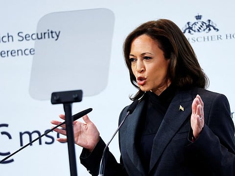 Kamala Harris speaks during the Munich Security Conference (MSC) in Munich, Germany, on February 18, 2023.