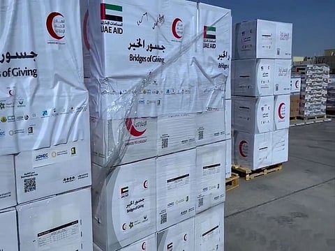 Still from video showing aid from UAE under 'Bridges of Giving' being prepared for shipment in relief efforts
