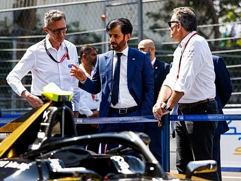 FIA president Mohammed Ben Sulayem (centre) was at the the first ever Formula E race for electric, open-wheel race cars in India this weekend in Hyderabad.