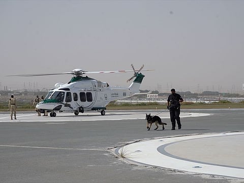 Dubai Police Security Inspection Department has trained K9 dogs to participate in helicopter airdrops when necessary.