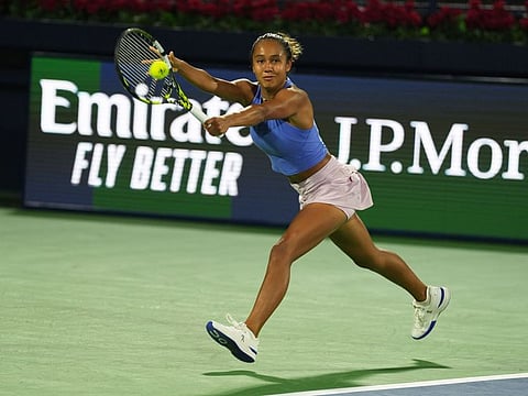Canadian Leylah Fernandez in action against Austria’s Julia Grabher in the first round of the Dubai Duty Free Tennis Championship on February 19, 2023. Fernandez is a crowd favourite and the darling of Filipinos in Dubai.