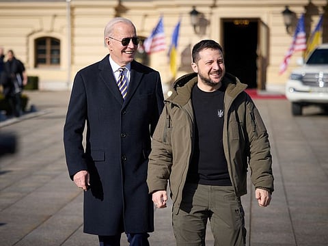 Joe Biden, Volodymyr Zelensky in Ukraine after the US President made an unannounced visit to Kyiv on Monday.
