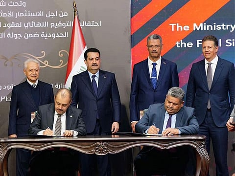 Crescent Petroleum signs three 20-year agreements with Iraq's Ministry of Oil. Pictured alongside Iraqi Prime Minister Mohammed Shia Al-Sudani is Deputy Prime Minister for Energy Affairs and Minister of Oil Hayan Abdul Ghani, Crescent Group Chairman Hamid Jafar, and Crescent Petroleum CEO Majid Jafar