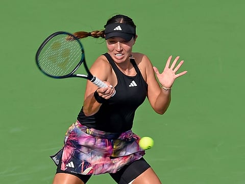 Jessica Pegula of United States in action against Viktoriya Tomova of Bulgaria at the Dubai Duty Free Tennis Championships on February 21, 2023. Pegula lost the Qatar Open singles final, but teamed up with Coco Gauff to win the doubles crown.
