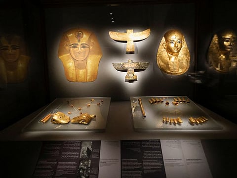 Masks of Amenemope and his predecessor, the 21st Dynasty King Psusennes I, are seen following conference at the Egyptian Museum after opening of the newly renovated wing in the 120-year-old Egyptian museum in the Egypt's capital of Cairo.