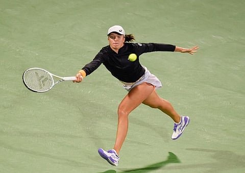 Iga Swiatek of Poland playing against Leylah Fernandez of Canada at the Dubai Duty Free Tennis Championships on Tuesday.