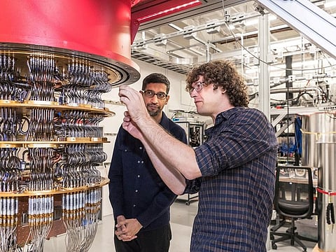 Sundar Pichai and Daniel Sank (R) with one of Google's Quantum Computers in the Santa Barbara lab, California, U.S. in October 2019.