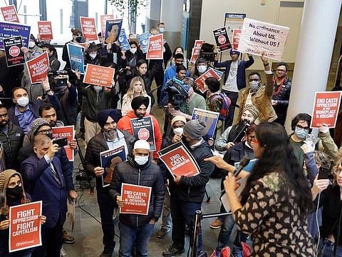Seattle Council member Kshama Sawant speaks to supporters and opponents a of a proposed ordinance to add caste to Seattle's anti-discrimination laws rally at Seattle City Hall, Tuesday, Feb. 21, 2023, in Seattle. Sawant proposed the ordinance.