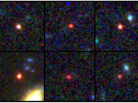 This image provided by NASA and the European Space Agency shows images of six candidate massive galaxies, seen 500-800 million years after the Big Bang. One of the sources (bottom left) could contain as many stars as our present-day Milky Way, but is 30 times more compact