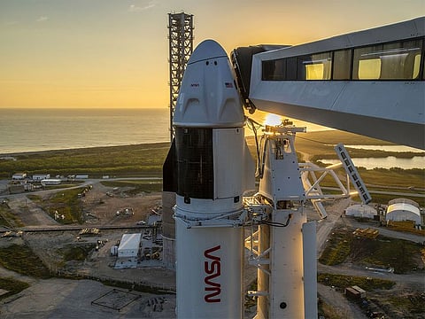Falcon 9 and Dragon are vertical at Launch Complex 39A