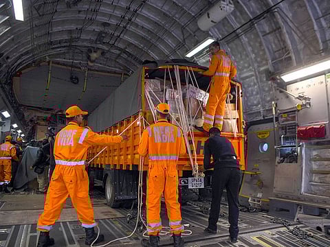 Relief material and critical life-saving equipment being loaded in the Indian Air Force (IAF) C-17 Globe Master aircraft prior to leaving for earthquake-hit Turkey, at Hindon Airbase, in Ghaziabad