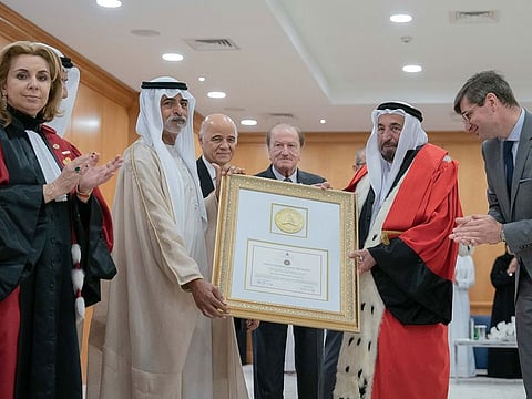 Dr Sheikh Sultan bin Mohammed Al Qasimi (second right) with Sheikh Nahyan bin Mubarak Al Nahyan (second let) at the ceremony to receive International Honorary Fellowship from Paris-Panthéon-Assas University, on Thursday in Sharjah