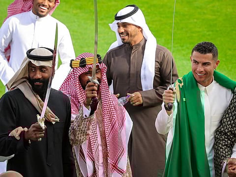 Cristiano Ronaldo celebrates Saudi Arabia's Founding Day wearing local traditional clothes at Al Nassr Football Club in Riyadh, Saudi Arabia, February 22, 2023.