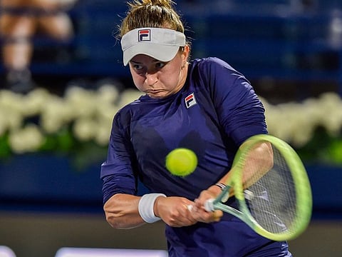 Barbora Krejcikova of the Czech Republic in action against Jessica Pegula of the United States in the semifinal of the Dubai Duty Free Tennis Championship on February 24, 2023. Krejcikova won the match and will meet Iga Swiatek in the final.