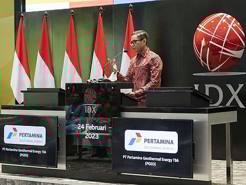 Pahala Nugraha Mansury, Indonesia's deputy minister of state-owned enterprises, speaks during PT Pertamina Geothermal Energy's listing ceremony at the Indonesia Stock Exchange (IDX) in Jakarta, Indonesia