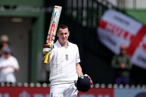 England's Harry Brook celebrates his century during day one of the second Test against New Zealand at Basin Reserve in Wellington on Friday.