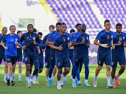 The Al Ain squad in a training session ahead of the final UAE Super Cup final against Sharjah tomorrow.