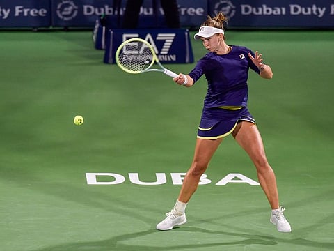 Barbora Krejcikova of the Czech Republic in action against Jessica Pegula of the US in the semifinals at the Dubai Duty Free Tennis Championships on February 24, 2023. Krejcikova won in three sets and will meet World No. 1 Iga Swiatek in the final.