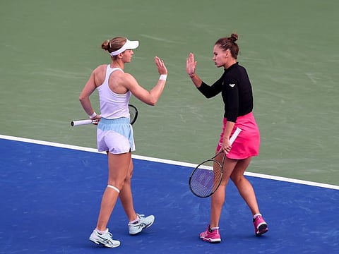 Veronika Kudermetova and Liudmila Samsonova celebrate a point during the women's doubles final on Saturday.