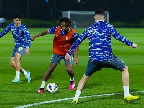 Al Hilal players in action during a training session ahead of their Asian Champions League clash against Al Duhail tomorrow.