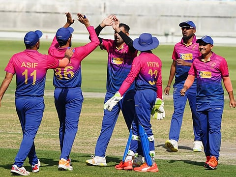 UAE team celebrate against Namibia in the ICC Men's Cricket World Cup League 2 qualifier in Dubai. The team had mixed luck,winning one and losing the second.