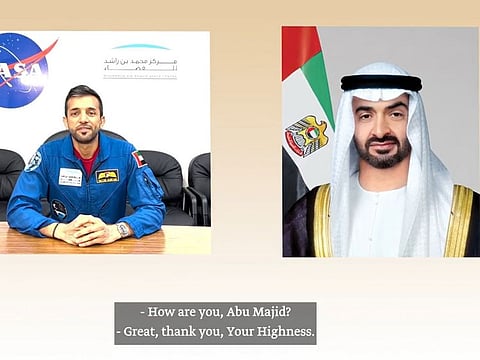 During the conversation between President His Highness Sheikh Mohamed bin Zayed Al Nahyan (right) and Sultan Al Neyadi