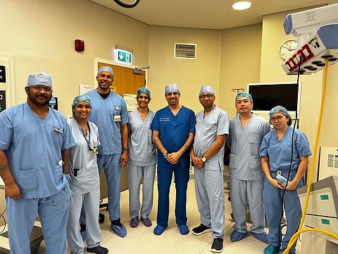 Dr Mazin Rasool Aljabiri, Consultant Physician and Gastroenterologist and Head of Gastroenterology at Mediclinic Parkview Hospital, Dubai, and Prof. Pradeep Bhandari, Deputy Vice President Endoscopy, British Society of Gastroenterology, with the team