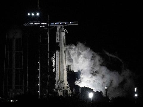 The SpaceX Falcon 9 rocket with the company’s Crew Dragon spacecraft vents fuel prior to a scrubbed launch from pad 39A for the Crew-6 mission at NASA's Kennedy Space Center in Cape Canaveral, Florida.