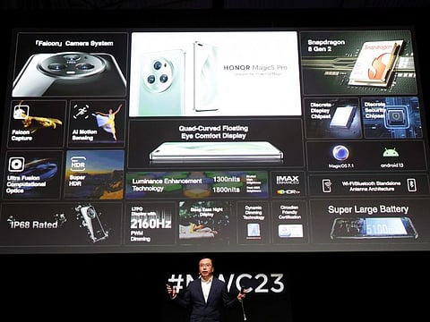 George Zhao, CEO of Honor Device, presents a new product at the 2023 Mobile World Congress (MWC), in Barcelona.