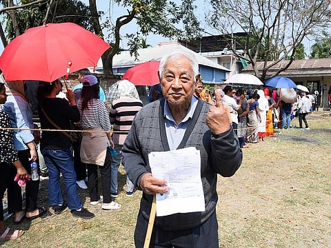 A man shows indelible ink on his finger after casting his vote at a polling booth during the Nagaland Assembly Election 2023, in Dimapur on Monday, Feb 27, 2023.
