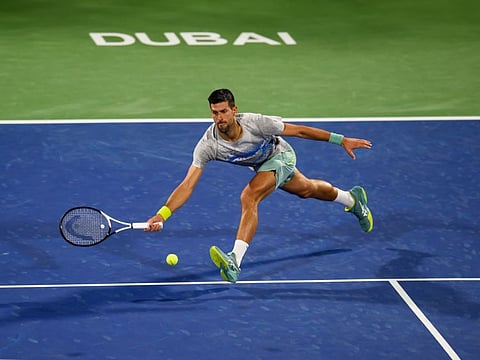 Current World No.1 Novak Djokovic of Serbia practicing at centre court for the ATP Dubai Duty Free Tennis Championships.