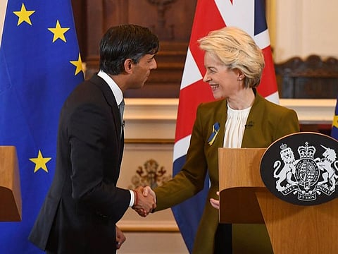 Rishi Sunak, UK prime minister, left, and Ursula von der Leyen, president of the European Commission, shakes hands at the end of a joint news conference on a post-Brexit deal in Windsor, UK, on Monday, Feb. 27, 2023.