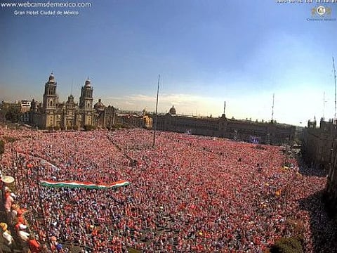 Demonstrators attend a protest in support of the National Electoral Institute (INE) and against President Andres Manuel Lopez Obrador's plan to reform the electoral authority, at Zocalo square in Mexico City, Mexico, February 26, 2023 in this still image taken from video.