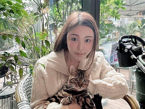 In this photo taken and provided by Pao Jo-yee, model Abby Choi, holding a cat, poses for a photo on Feb. 11, 2023, in Hong Kong.