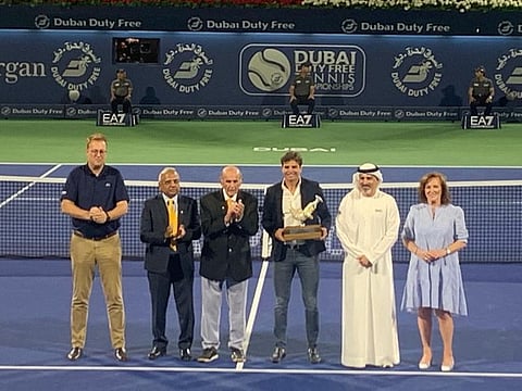 Tunisian Malek Jaziri honoured by the Dubai Tennis officials after ending his career on Monday.